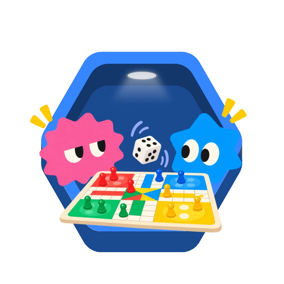 Two PlayDuo characters playing Ludo inside a glowing hexagon