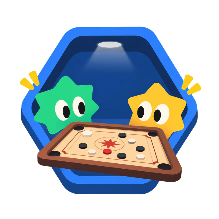 Two PlayDuo characters playing Carrom inside a glowing chamber